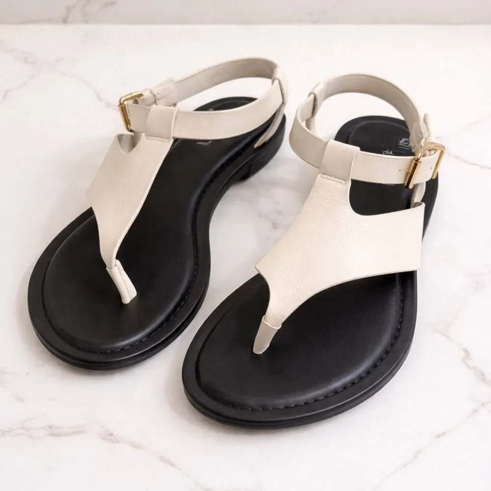 Silent D White Leather T-Strap Thong Sandals Minimalist Flat Sandal